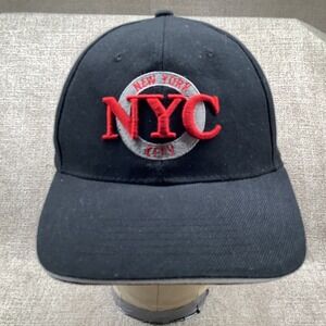 NYC New York City Hat Cap Black Hook Loop Red Embroidered Adjustable